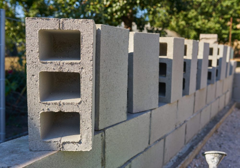 Stack of cement blocks at the construction site. cinder blocks background